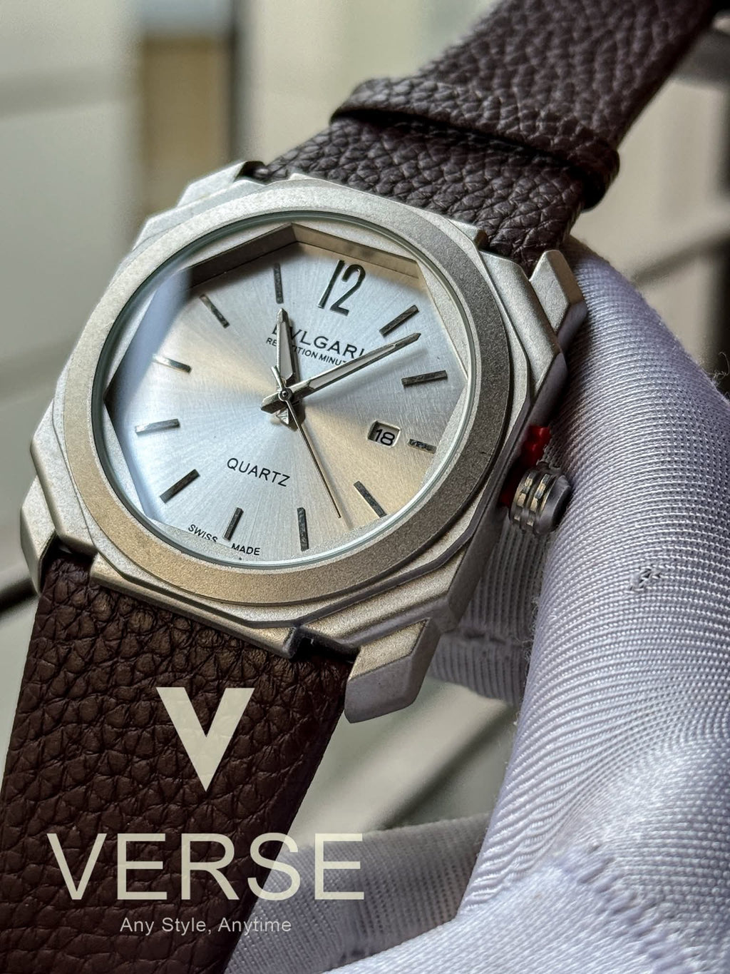 BVLGARI Octo Finissimo Brown Belt White Dial Matte Silver Case AA - VERSE - 