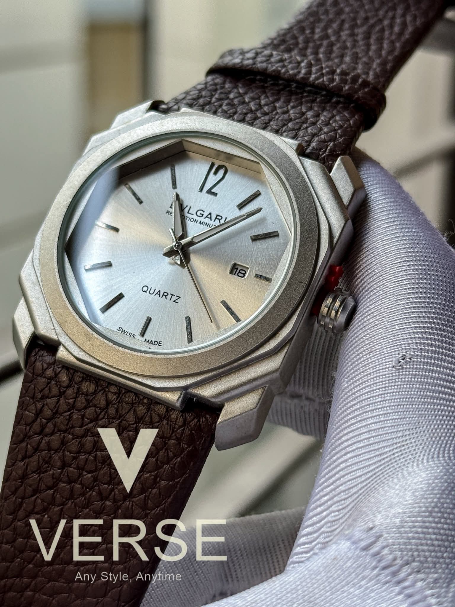 BVLGARI Octo Finissimo Brown Belt White Dial Matte Silver Case AA - VERSE - 