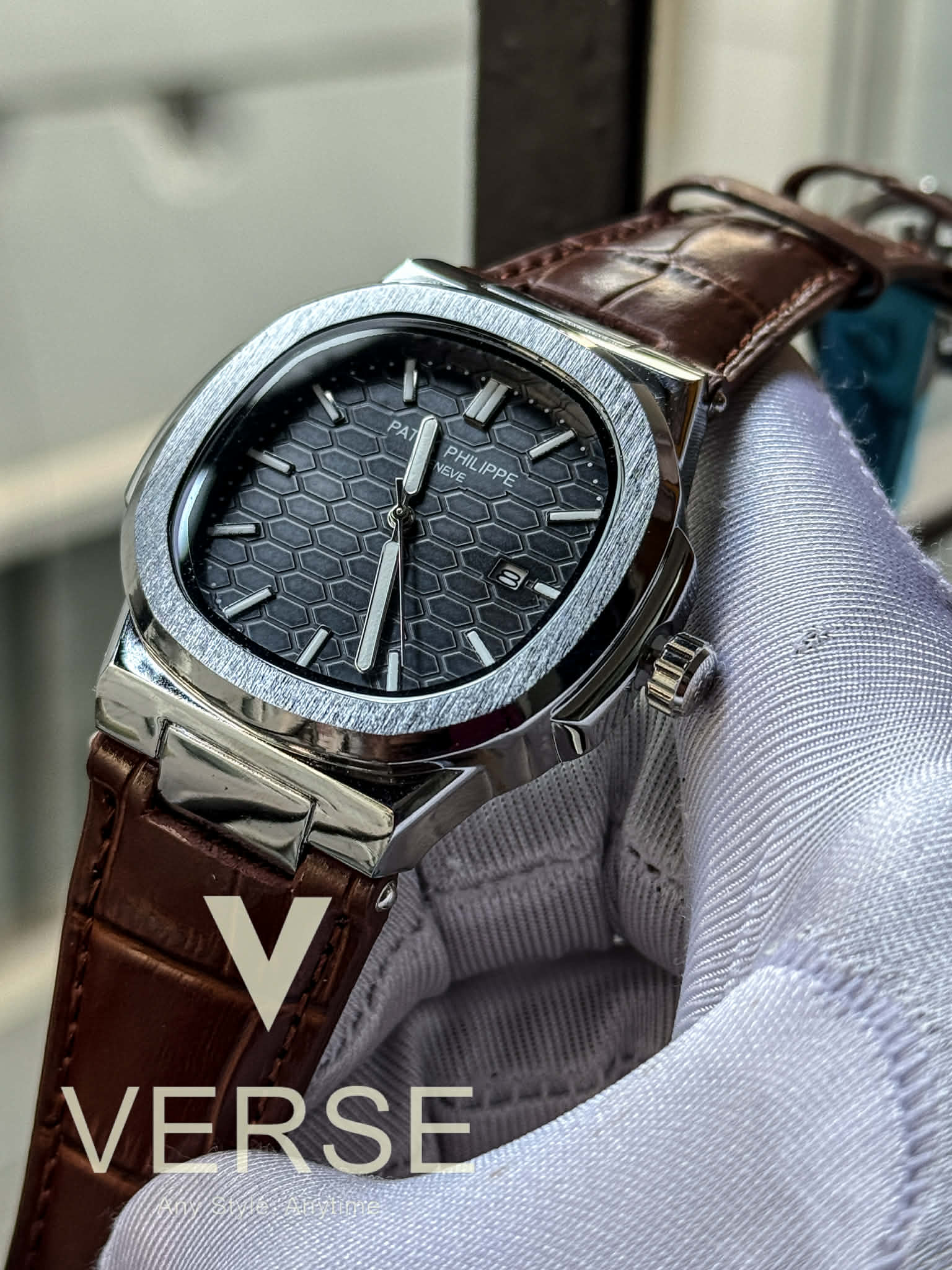 Patek Philippe Nautilus Sweep Honeycomb Black Dial Brown Belt Silver Case AA - VERSE - 