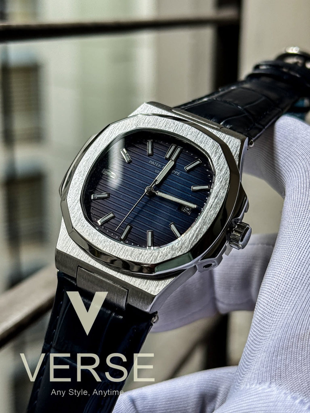 Patek Philippe Nautilus Navy - Blue Belt Silver Case Sunburst Blue Dial Quartz AA - VERSE - 