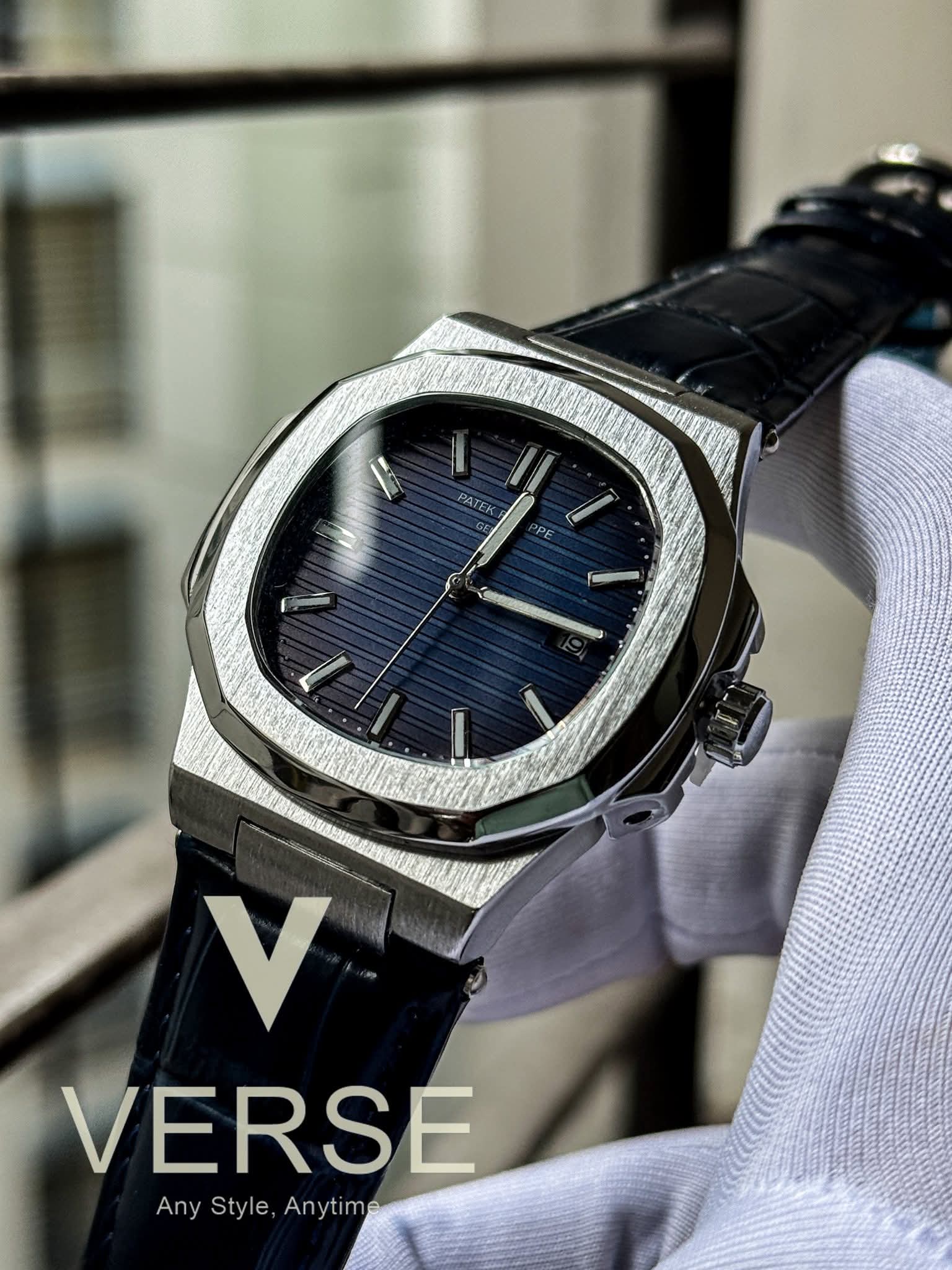 Patek Philippe Nautilus Navy - Blue Belt Silver Case Sunburst Blue Dial Quartz AA - VERSE - 