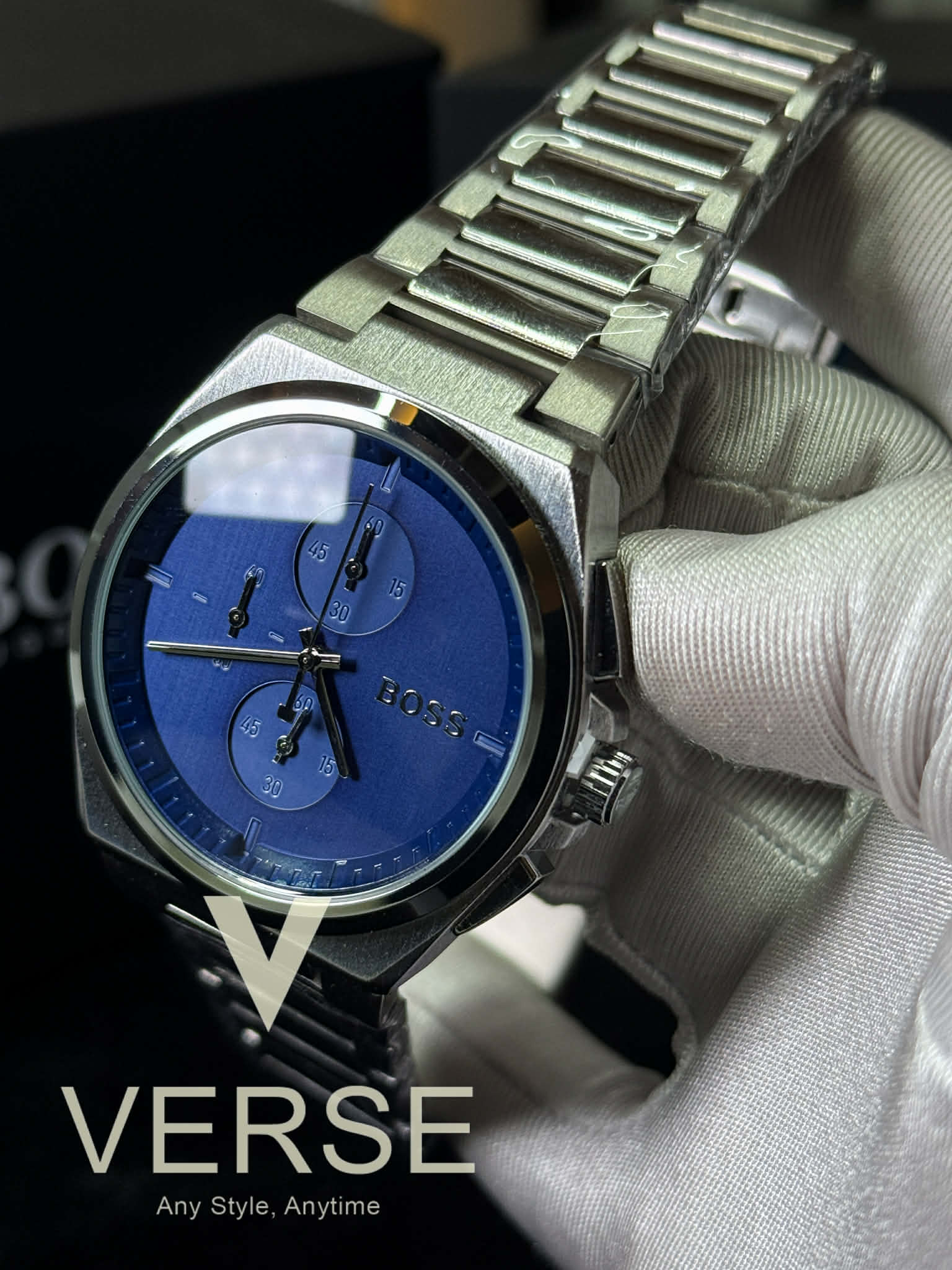 BOSS Steer Chronograph Stainless Steel Watch – Blue Dial AA - VERSE - 
