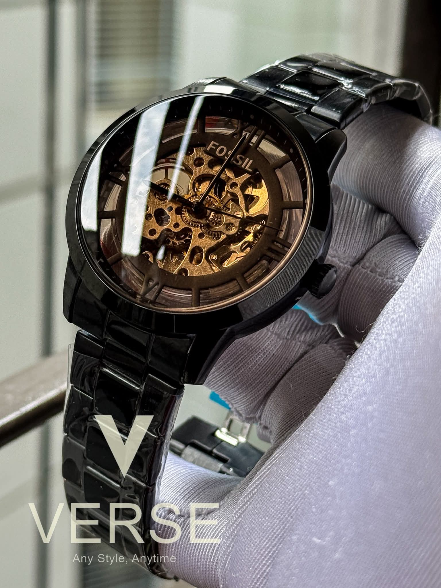Fossil Automatic Skeleton Black Chain Brown Glass AA - VERSE - 