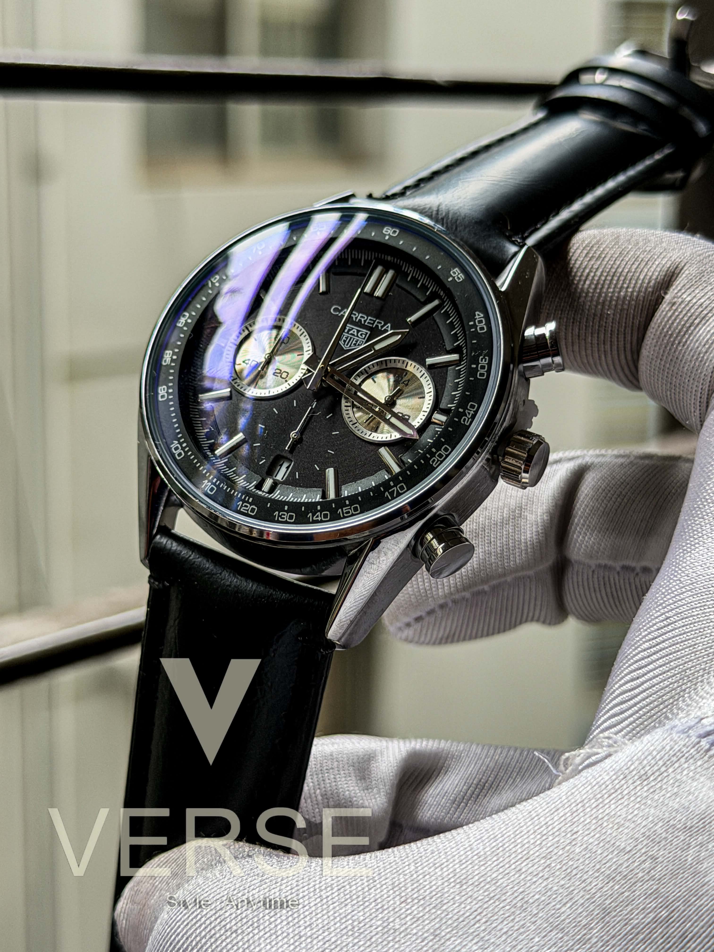 TAG Heuer Carrera Chronosprint "Glassbox" | Vanta Black Dial Black Leather - ( Double A )