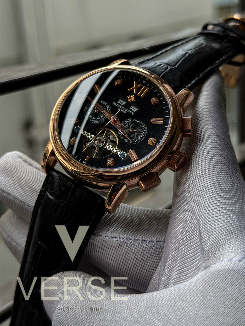 Patek Philippe Grand Flywheel Complication Automatic | Black Dial Black Leather Rose Gold Case - ( Semi Triple A )