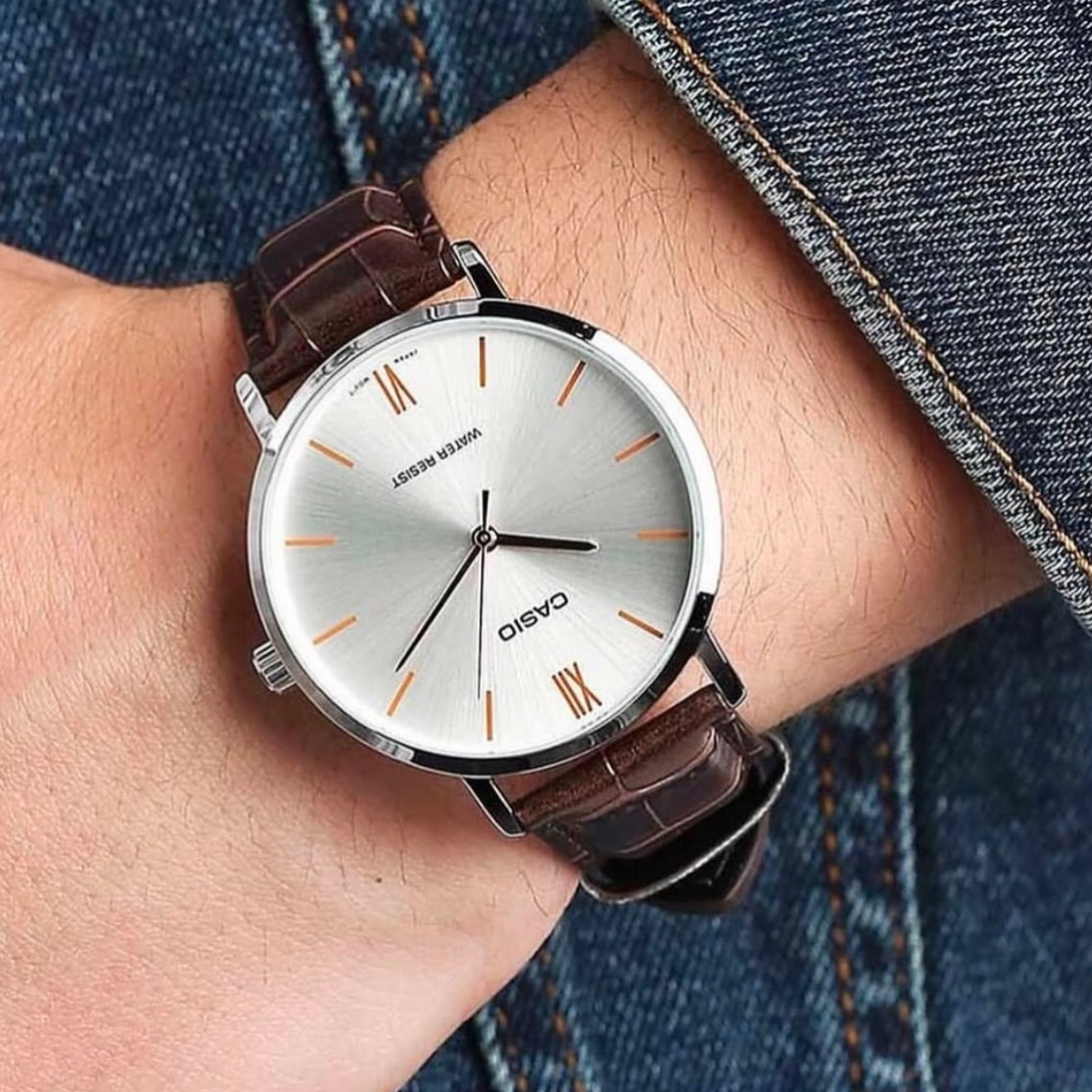 Casio Enticer MTP-VT01L-7B2UDF Silver Dial Brown Leather Men's Watch | Casio MTP-VT01L-7B2UDF