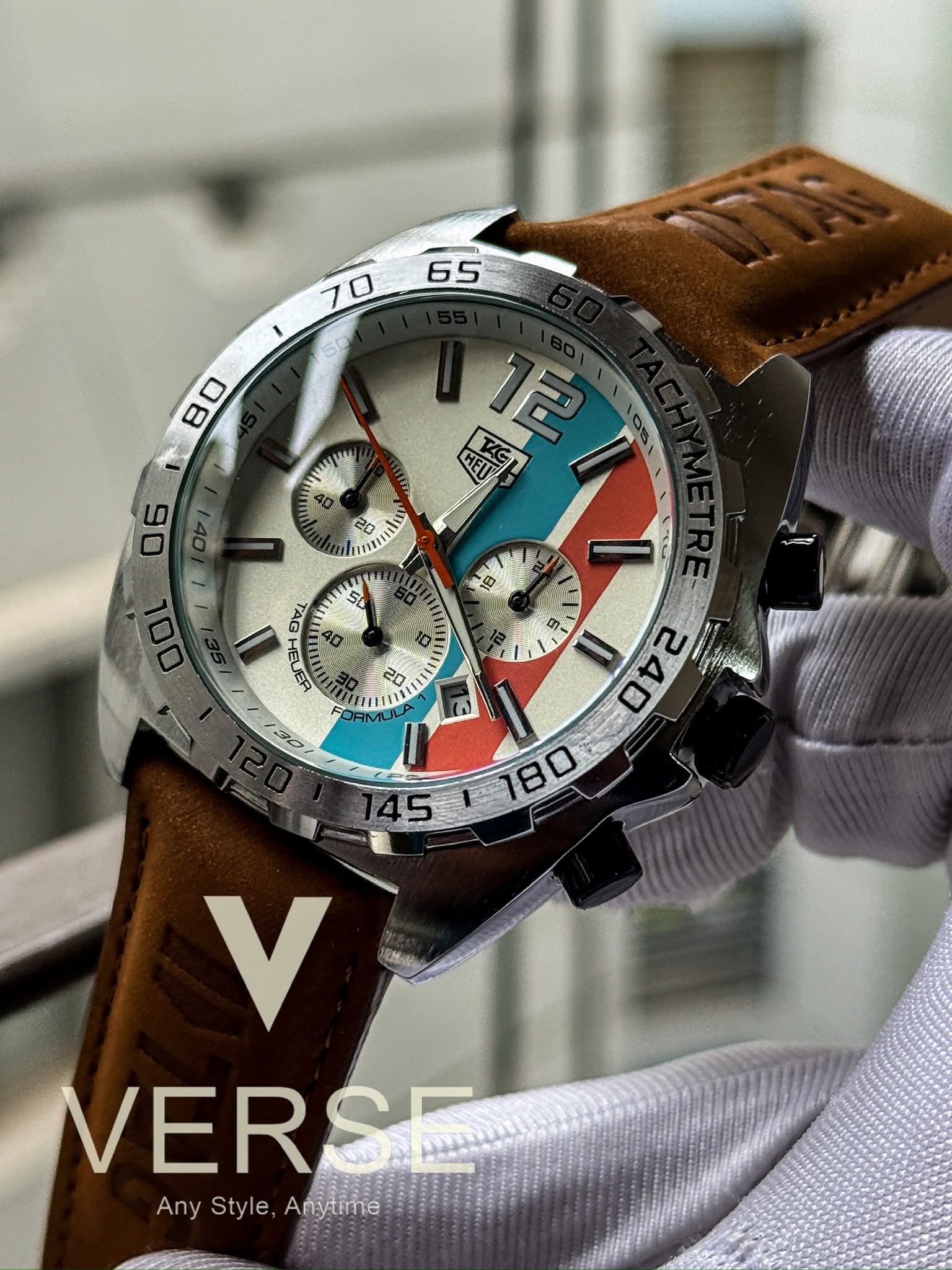 TAGHEUER Brown Belt White F1 Dial Gulf Anniversary Edition - VERSE - 