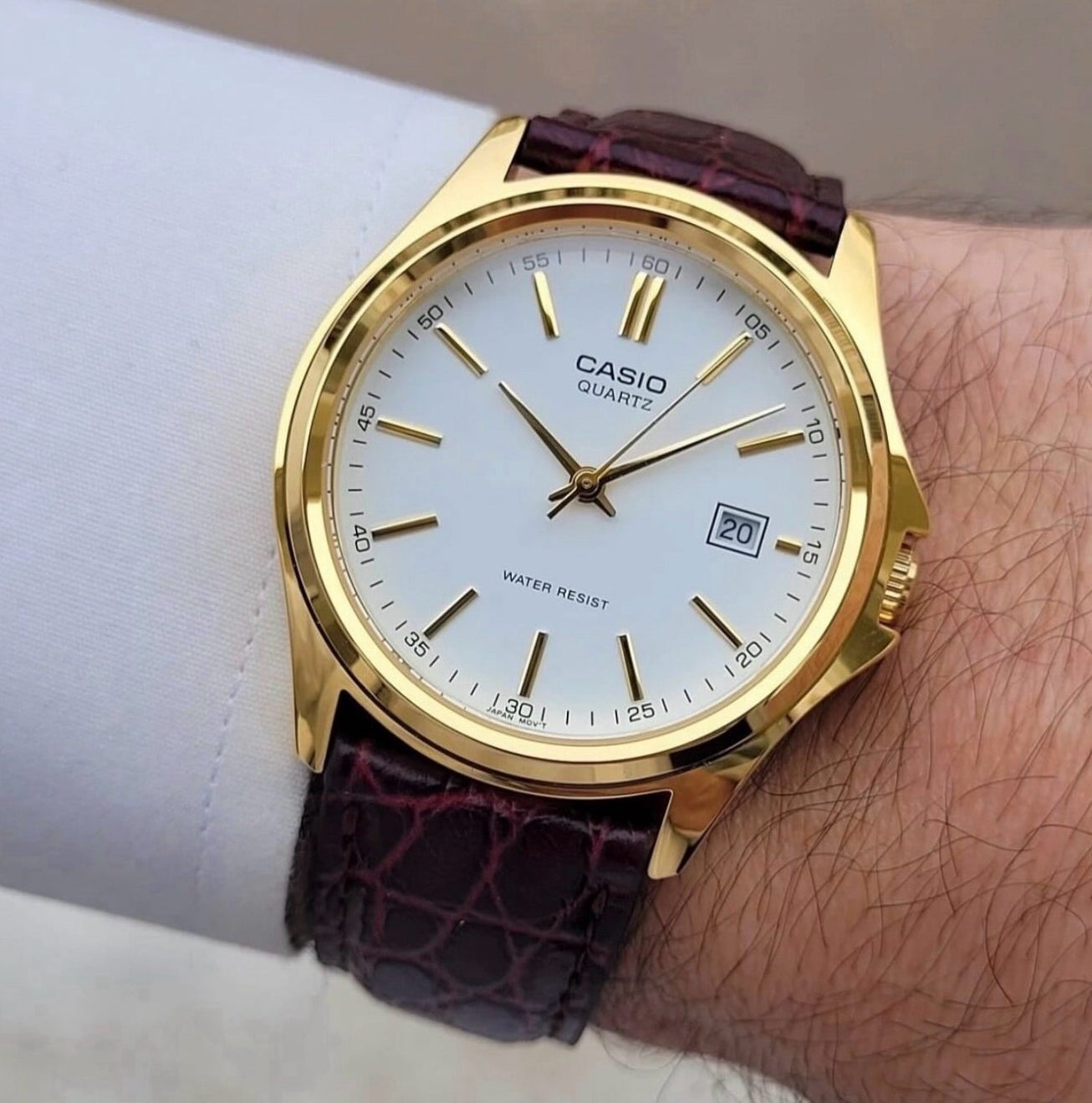 Casio Enticer MTP-1183Q-7ADF White Dial Gold Tone Brown Leather Men's Watch | Casio MTP-1183Q-7ADF