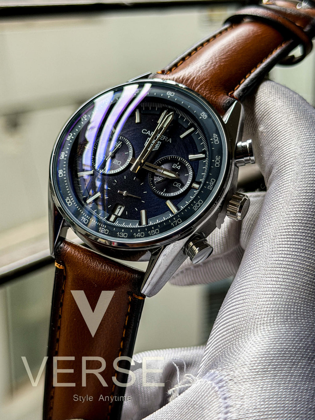 TAG Heuer Carrera Chronosprint "Glassbox" | Midnight Blue Dial Tan Brown Leather - ( Double A )