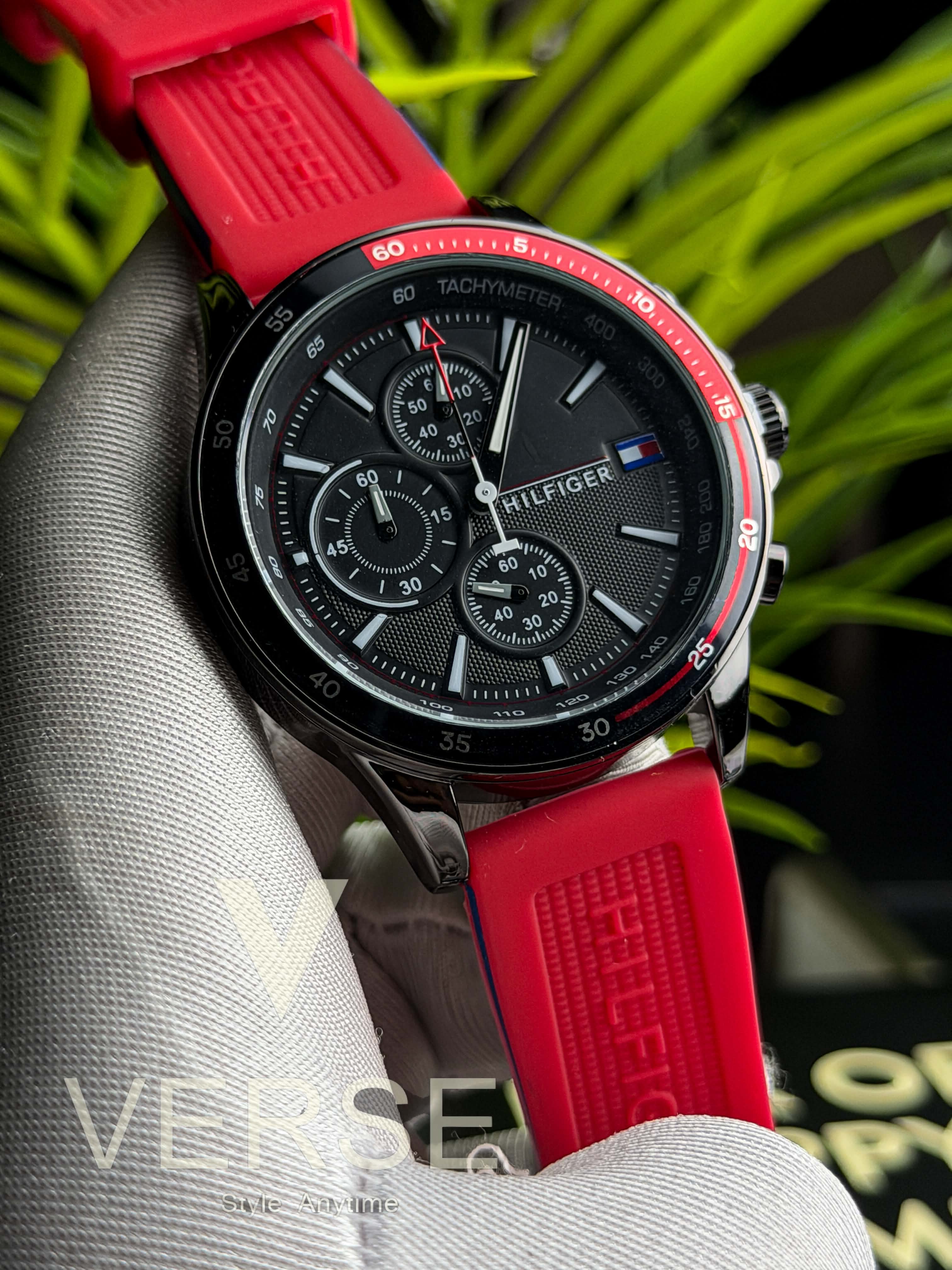 Tommy Hilfiger Bank Chronograph | Matte Black Dial Racing Crimson Silicone Strap - ( Double A )