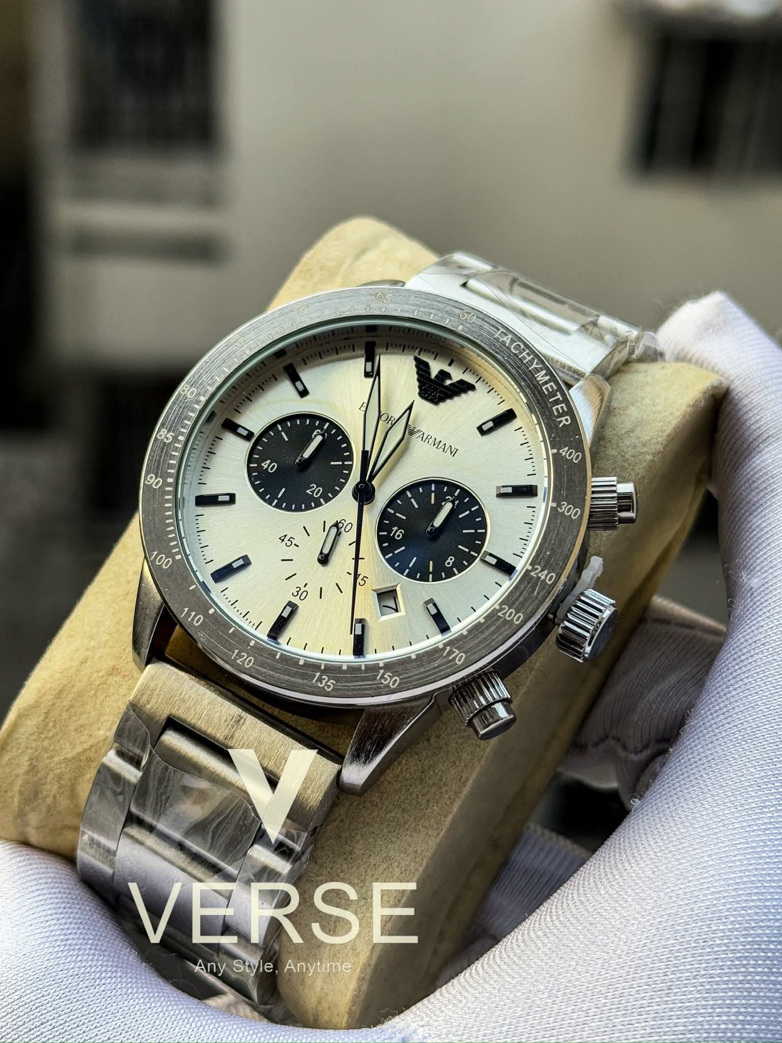 Armani Mario Chronograph Matte Silver Chain Panda Dial AA - VERSE - 