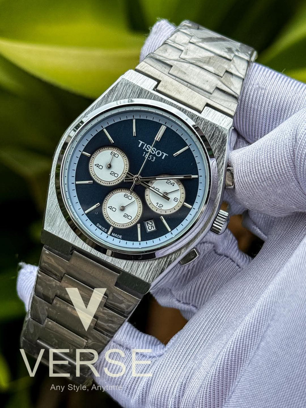 Tissot PRX Chronograph Silver Chain Blue Dial White subdial AA - VERSE - 