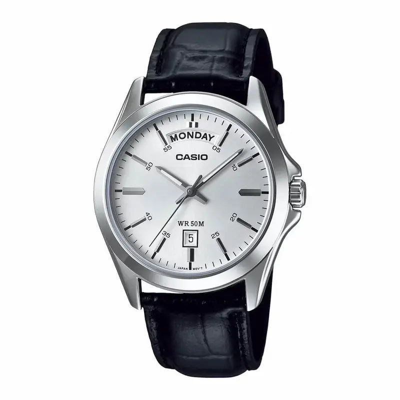 Casio MTP - 1370L - 7AVDF Silver Dial Day - Date Men's Black Leather Watch | Casio MTP - 1370L - 7AVDF - VERSE - 