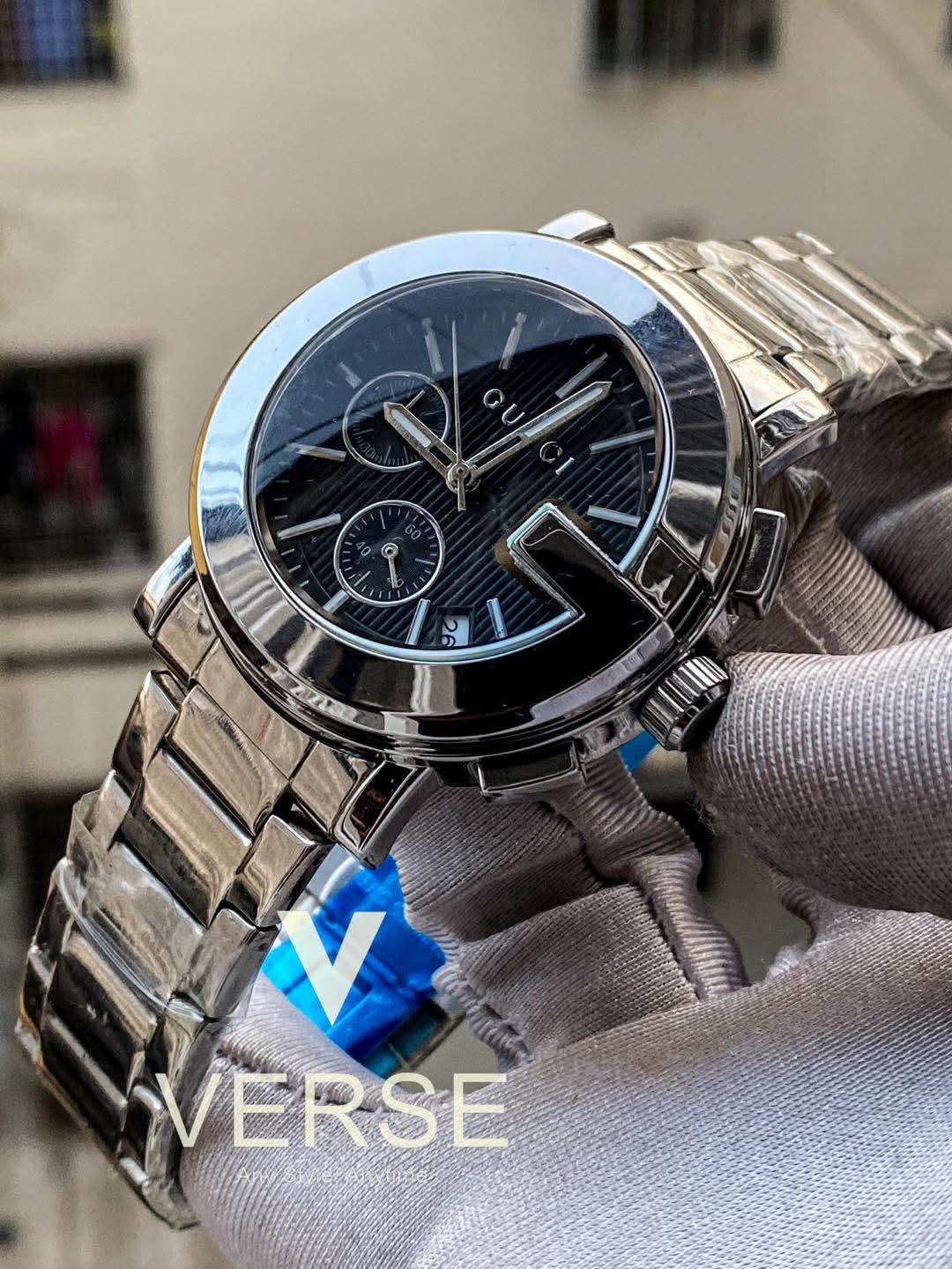 Gucci G - Chronograph Silver Chain Black Dial AA - VERSE - 