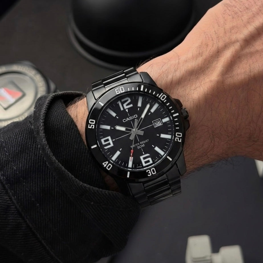 Casio Enticer MTP-VD01B-1BVUDF Black Dial Black Stainless Steel Men's Watch | Casio MTP-VD01B-1BVUDF