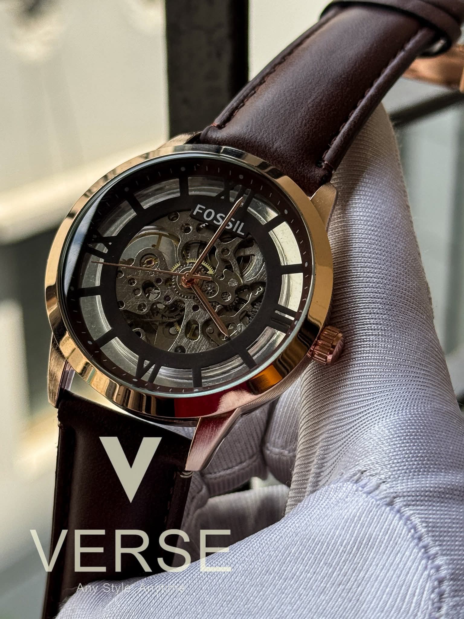 Fossil Automatic Skeleton Brown Belt Rose Gold AA - VERSE - 