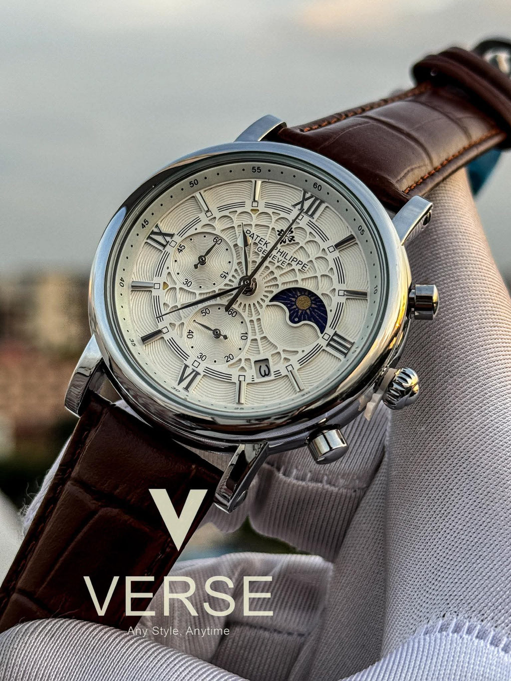 Patek Philippe Chronograph Moonphase Brown Belt Spider White Dial AA - VERSE - 