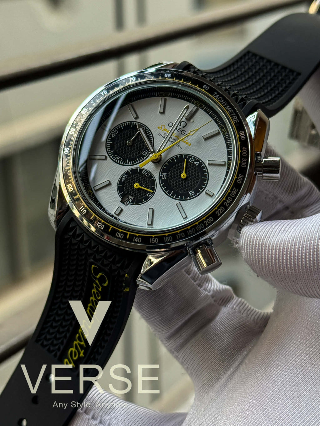 Omega Speedmaster Racing Chronograph Black Belt Panda Dial Yellow Accents AA - VERSE - 