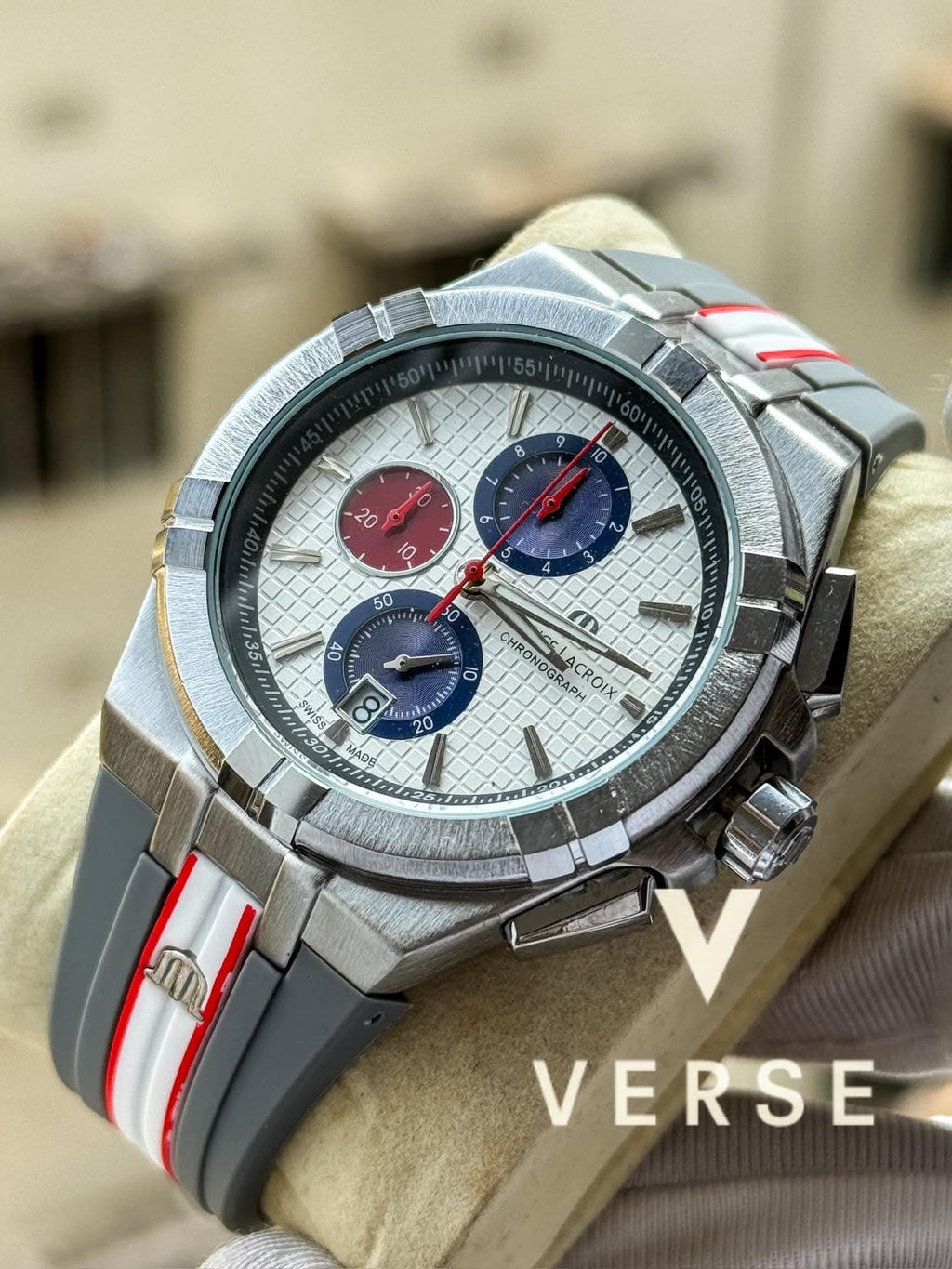 Maurice Lacroix Aikon Chronograph Mahindra Racing Edition Grey Red Belt AA - VERSE - 