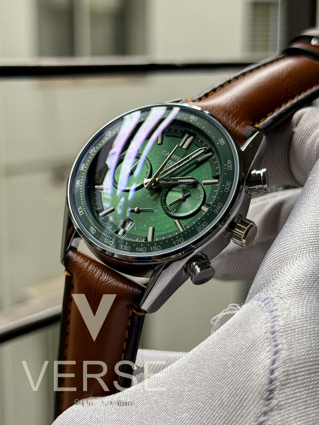 TAG Heuer Carrera Chronosprint "Glassbox" | Racing Green Dial Tan Brown Leather - ( Double A )
