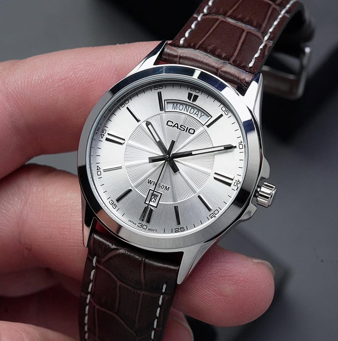 Casio MTP-1381L-7AVDF Day-Date Silver Dial Brown Leather Men's Watch | Casio MTP-1381L-7AVDF