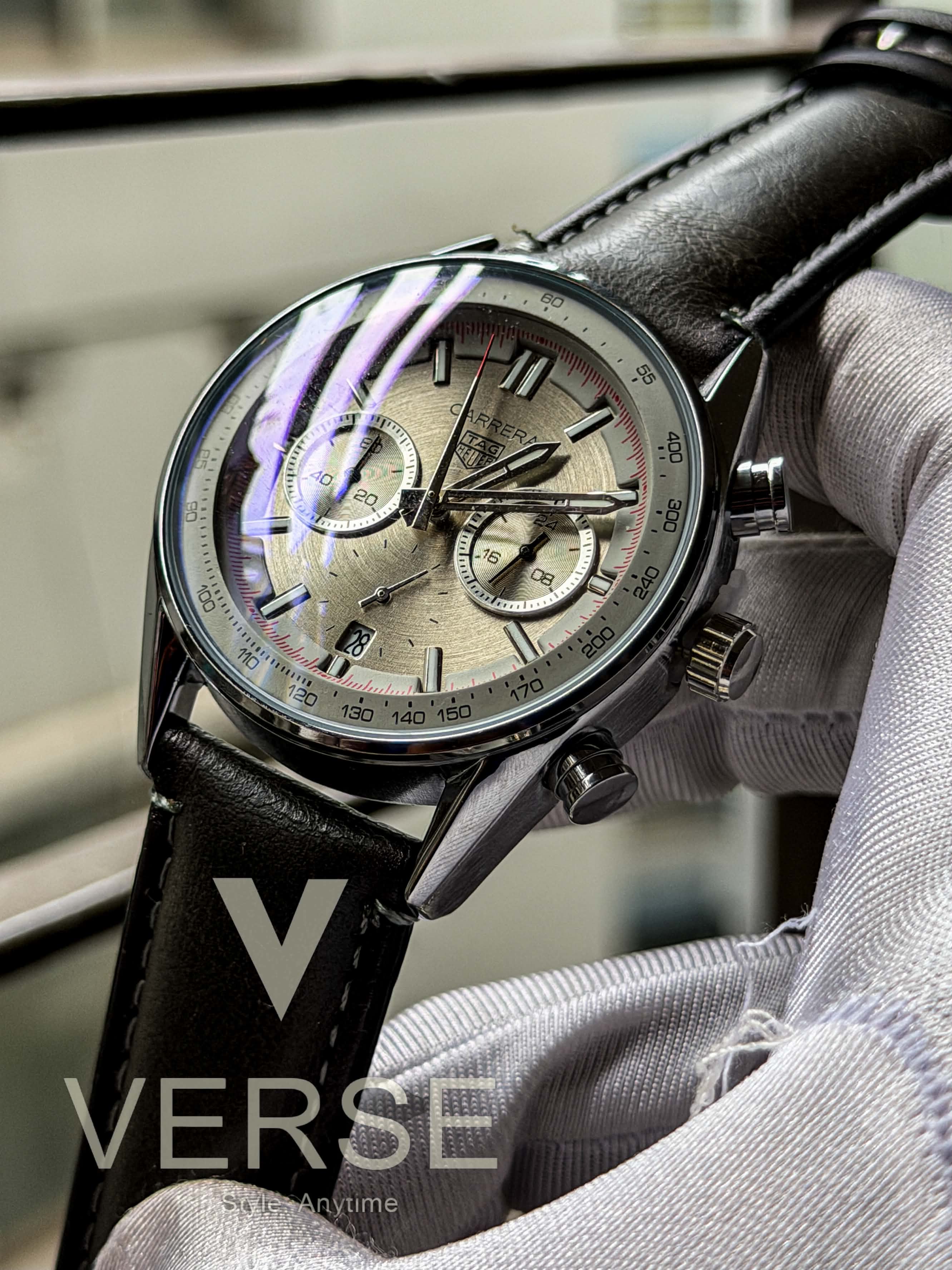 TAG Heuer Carrera Chronosprint "Glassbox" | Sand Grey Dial Espresso Brown Leather - ( Double A )