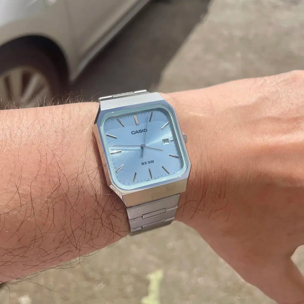Casio MTP - B185D - 2A2VDF Men’s Silver Stainless Steel Watch with Light Blue Dial| Casio MTP - B185D - 2A2VDF - VERSE - 