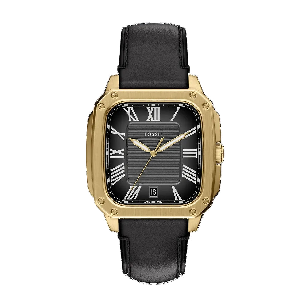 Fossil Crosby Three-Hand Date Gold-Tone Black Dial Black Leather Men's Watch | Fossil FS6151