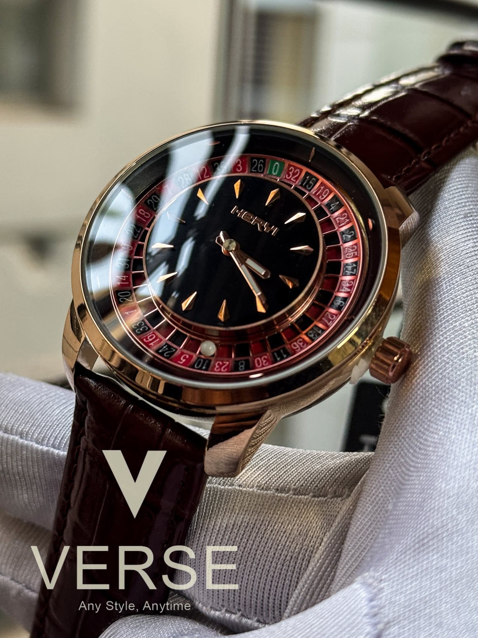 Heryi Casino Royal Roulette Brown Belt Rose - Gold Case Black Dial - VERSE - 
