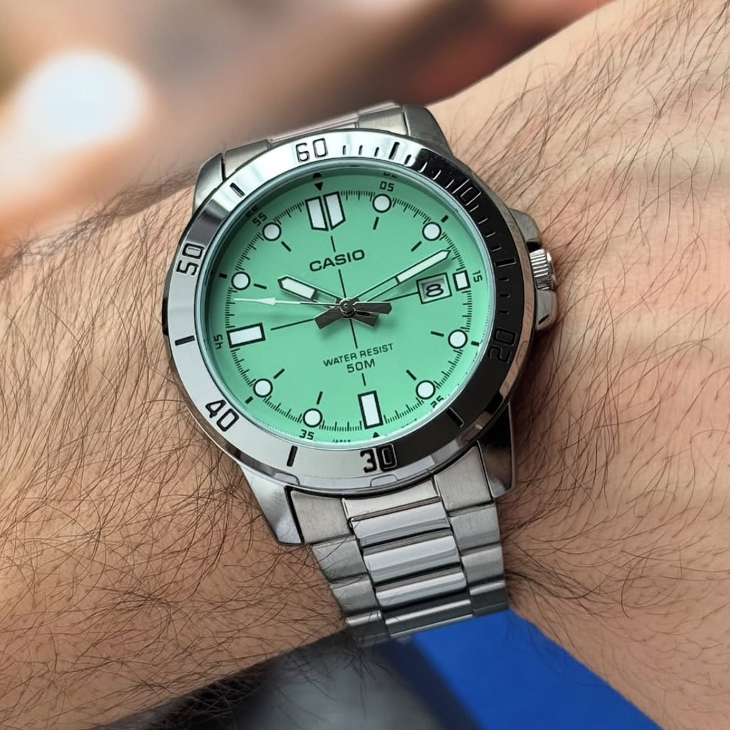 Casio Enticer MTP-VD01D-3E1VUDF Mint Green Dial Stainless Steel Men's Watch | Casio MTP-VD01D-3E1VUDF