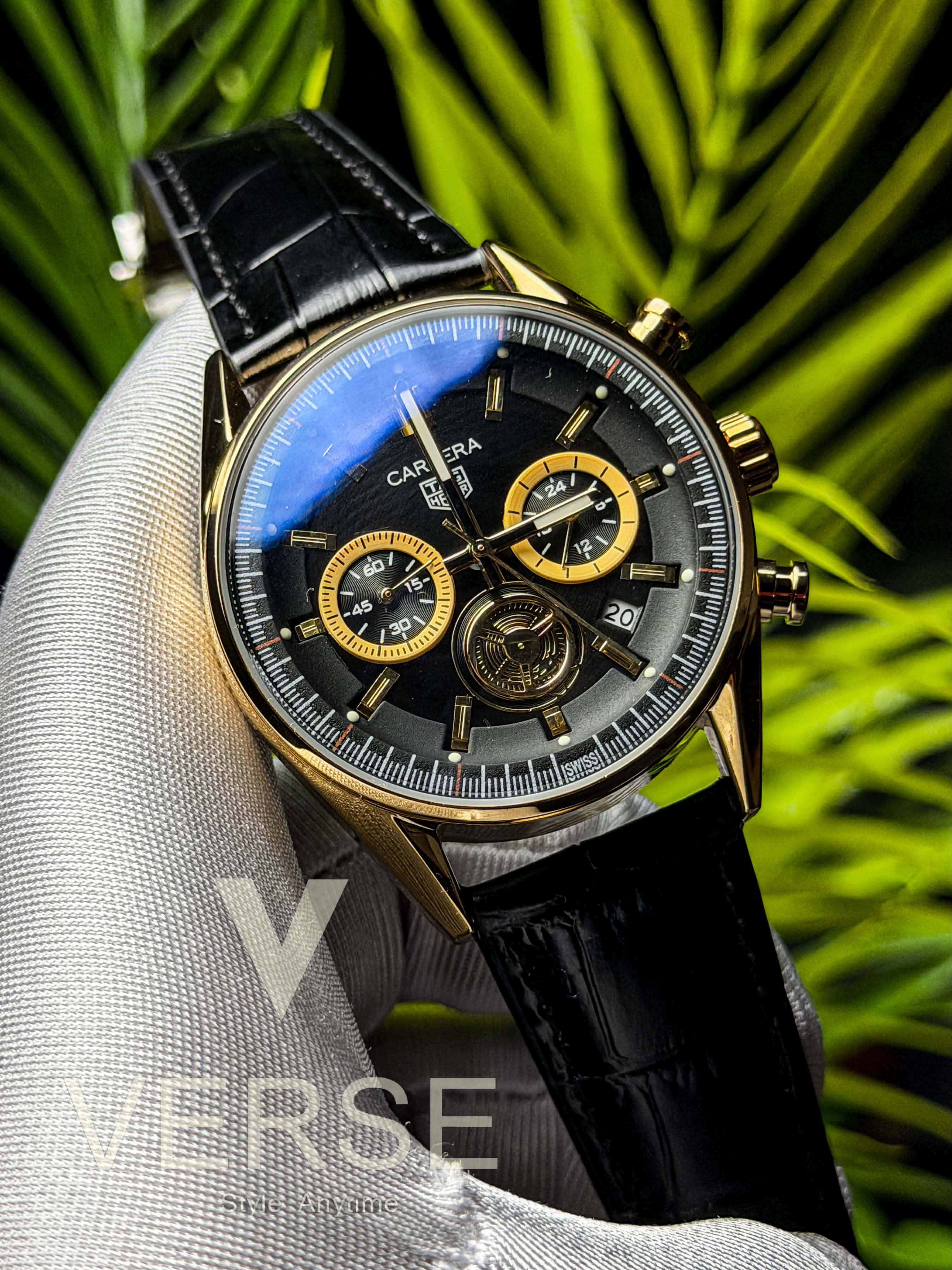 TAG Heuer Carrera “Glassbox Tourbillon” Chronograph | Vanta Black Dial Black Leather Gold Toned - ( Double A )