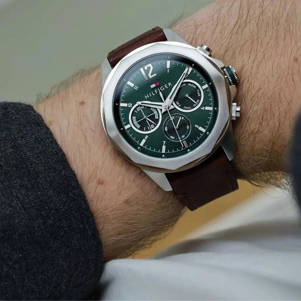 Tommy Hilfiger Lars 1792064 Men’s 46 mm Quartz Multifunction – Green Dial & Brown Leather Strap - VERSE - 