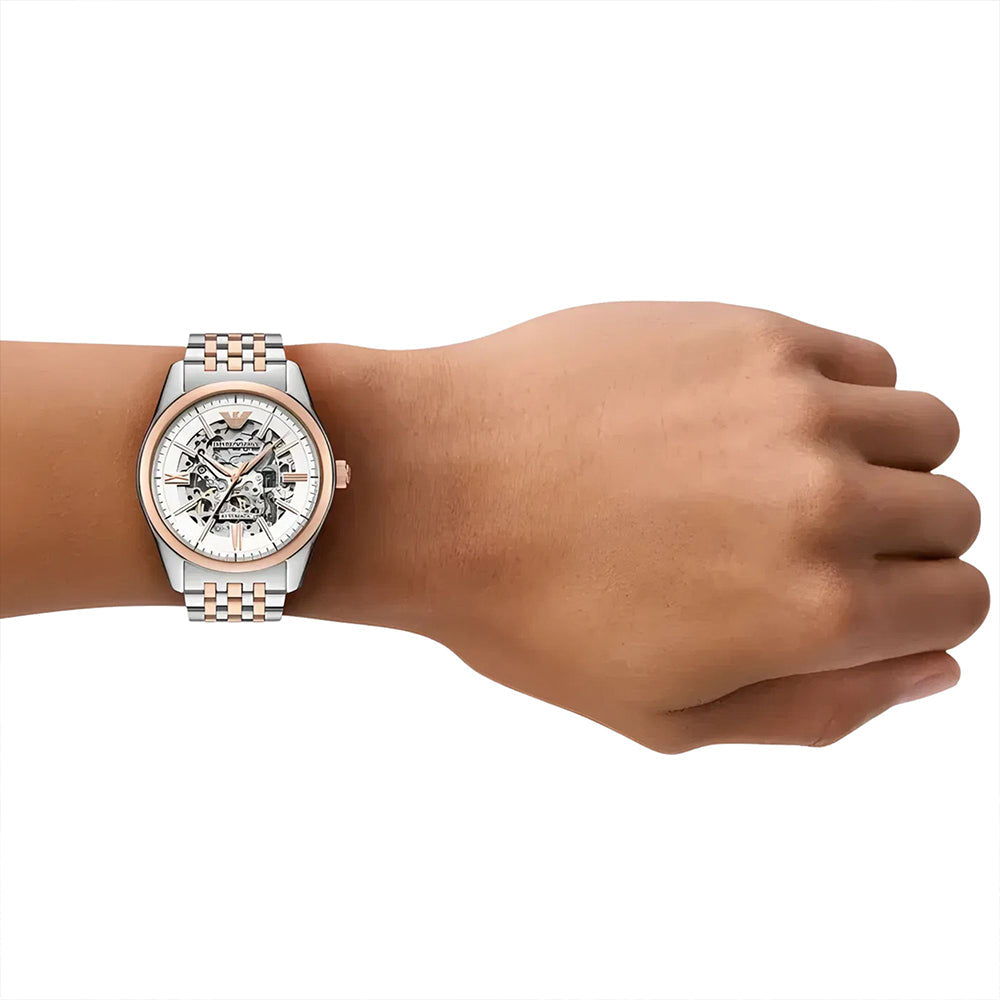 Emporio Armani Antonio Automatic Silver Skeleton Dial Two-Tone Stainless Steel Men's Watch | Emporio Armani AR60092
