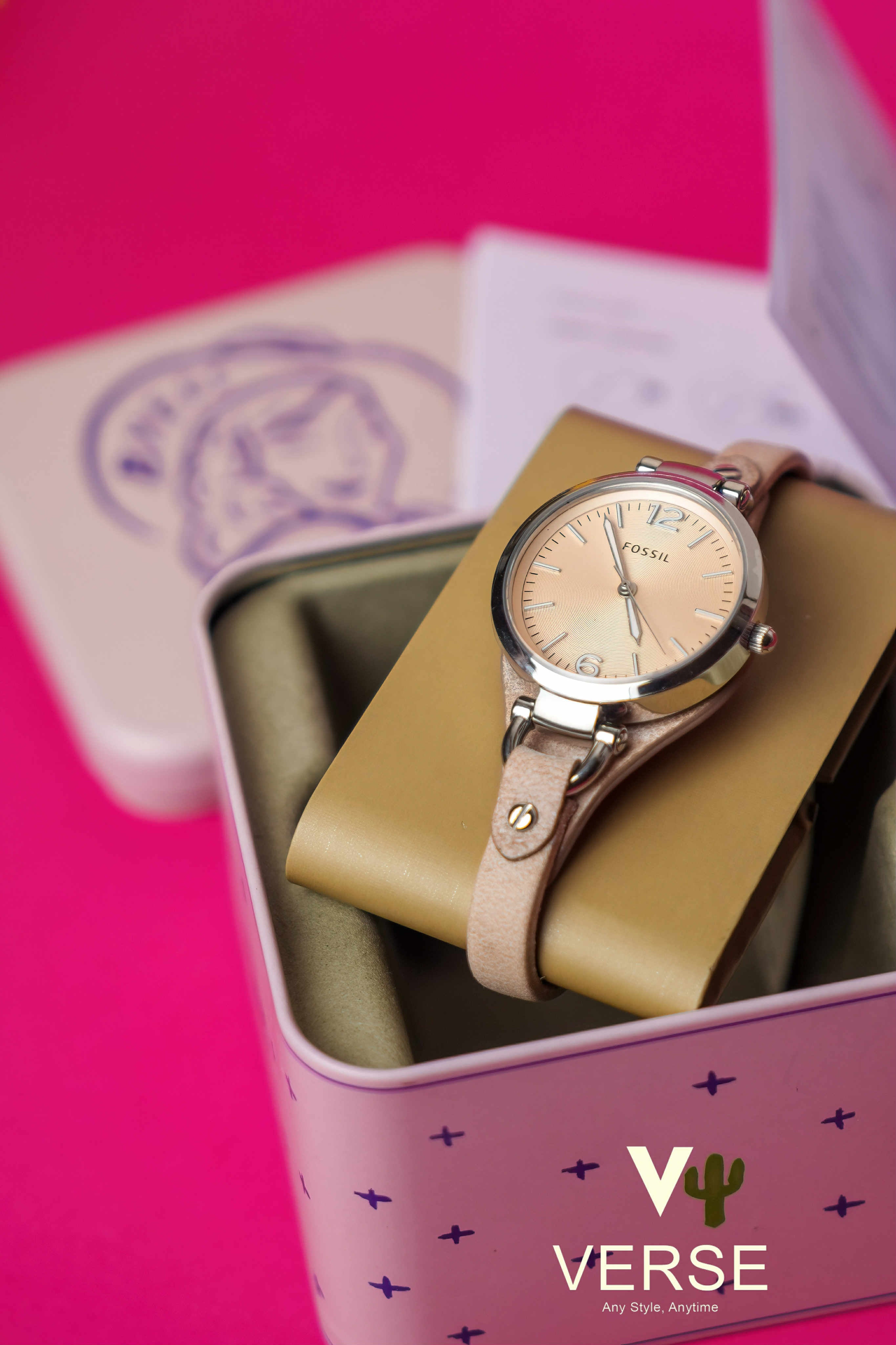 Fossil ES2830 Women’s Stainless Steel Watch with Beige Dial & Sand - Tan Leather Strap| Fossil ES2830 - VERSE - 