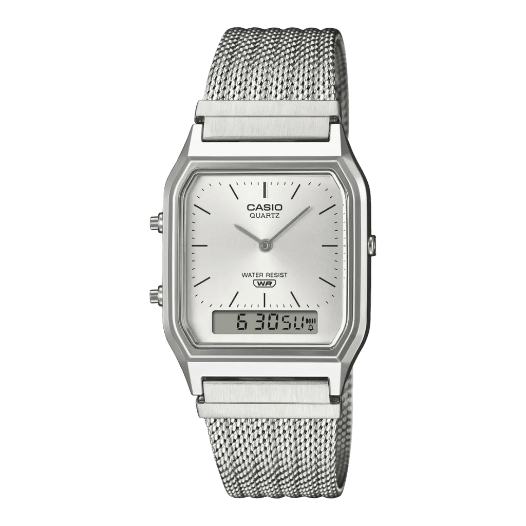 Casio Vintage AQ - 230EM - 7A Analog - Digital Silver Dial Mesh Band Unisex Watch | Casio AQ - 230EM - 7A - VERSE - 