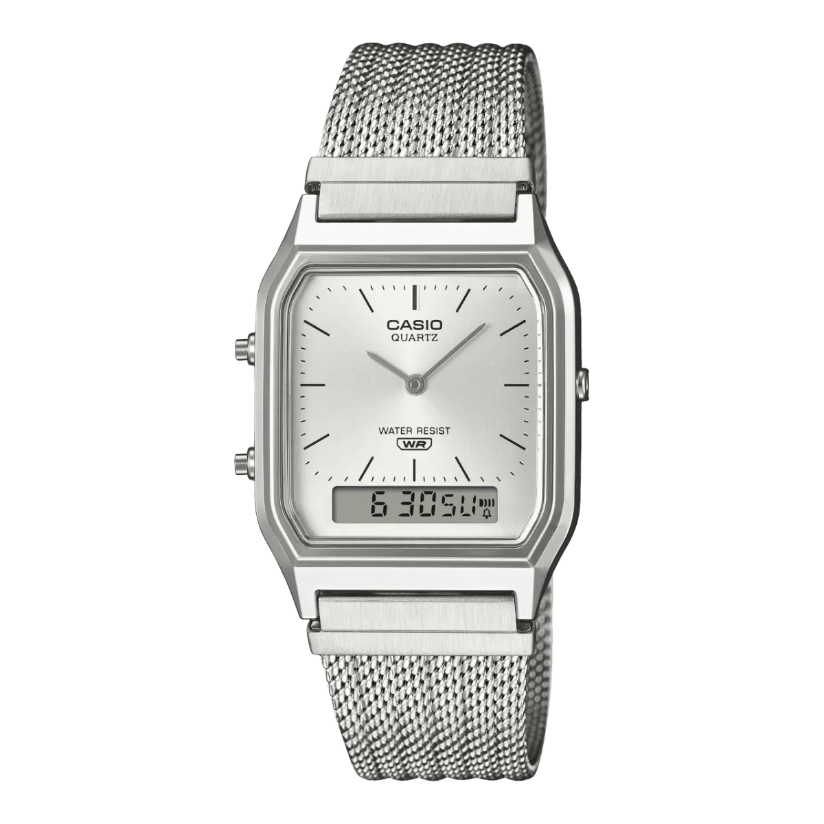 Casio Vintage AQ - 230EM - 7A Analog - Digital Silver Dial Mesh Band Unisex Watch | Casio AQ - 230EM - 7A - VERSE - 