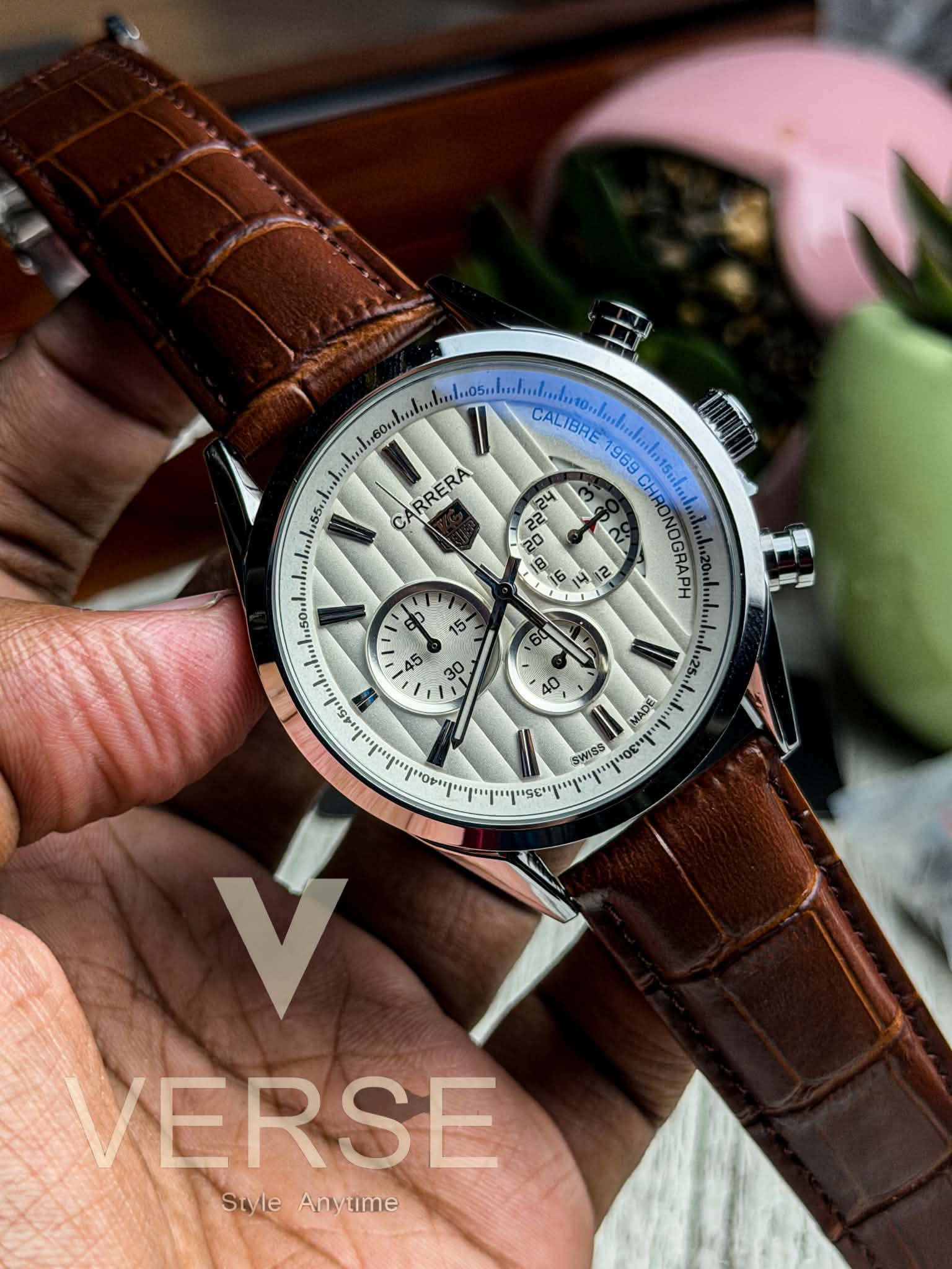TAG Heuer Carrera 1969 Chronograph | White Dial Brown Leather - ( Double A )