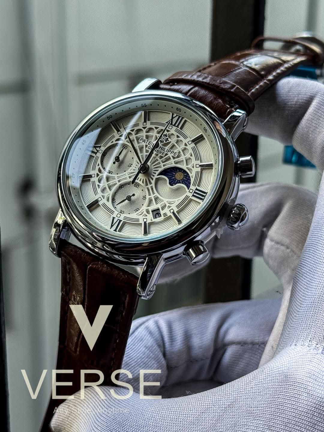 Patek Philippe Chronograph Moonphase Brown Belt Spider White Dial AA - VERSE - 