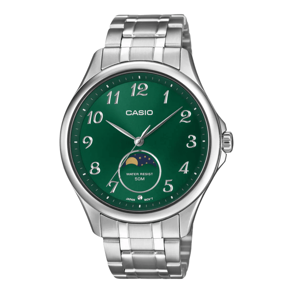 Casio MTP - M110D - 3AV Moon Phase Green Dial Men's Stainless Steel Watch | Casio MTP - M110D - 3AV - VERSE - 