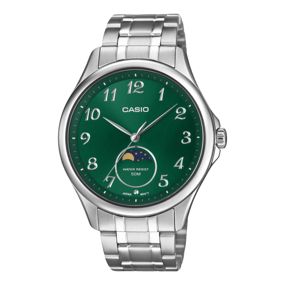 Casio MTP - M110D - 3AV Moon Phase Green Dial Men's Stainless Steel Watch | Casio MTP - M110D - 3AV - VERSE - 
