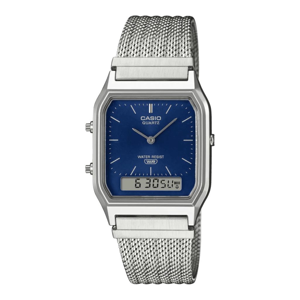 Casio Vintage AQ - 230EM - 2A Analog - Digital Navy Blue Dial Mesh Band Unisex Watch | Casio AQ - 230EM - 2A - VERSE - 