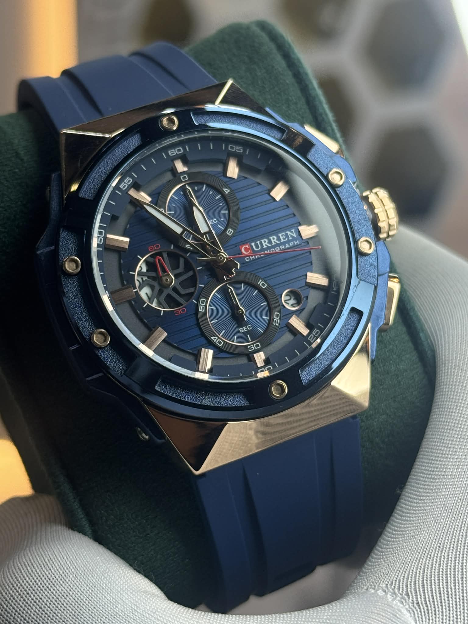 Curren 8462 Men’s Chronograph Quartz Watch – Blue Silicone Strap & Gold - Tone Accents - VERSE - 