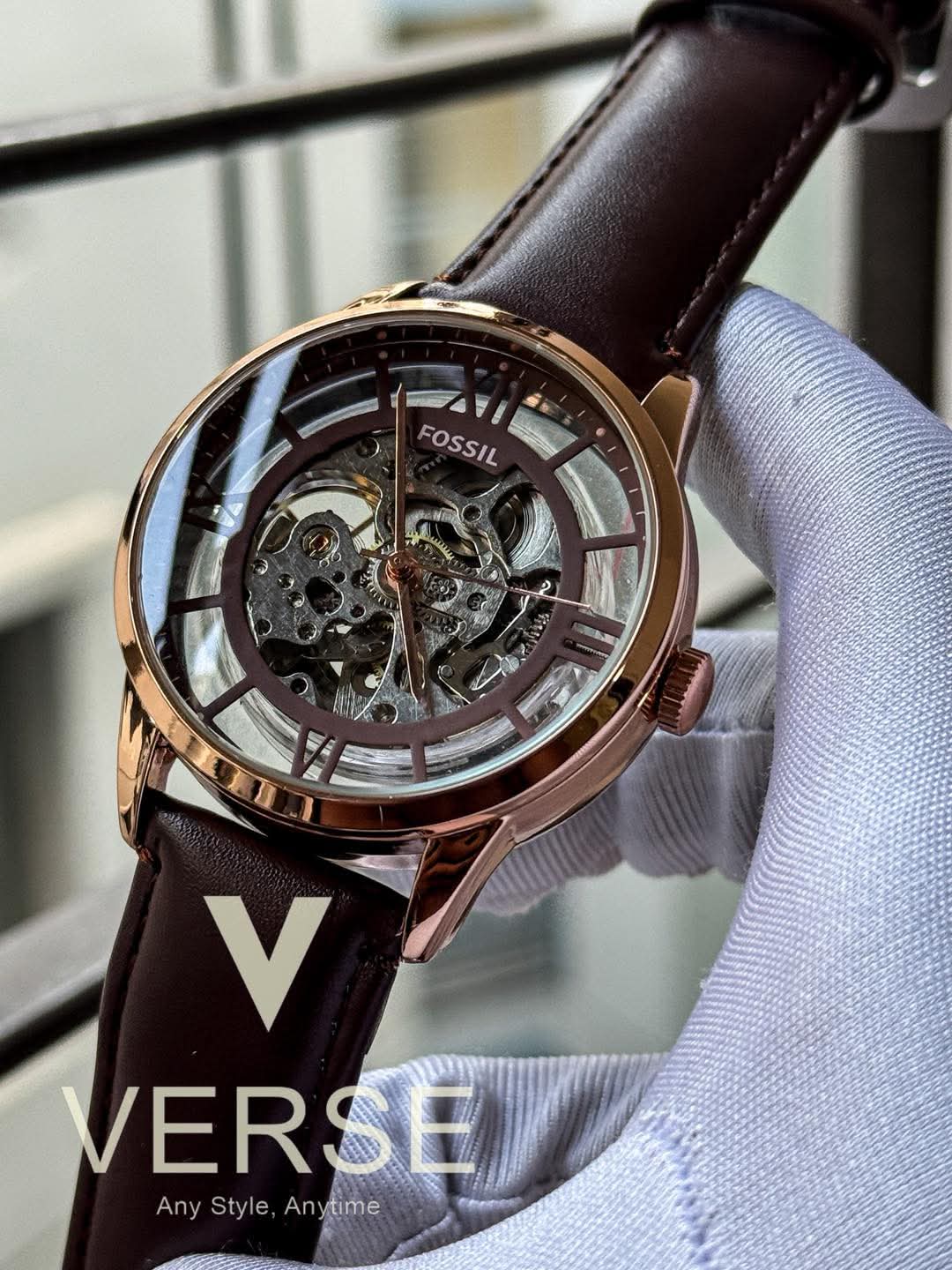 Fossil Automatic Brown Belt Skeleton Dial Rose Gold Case AA - VERSE - 