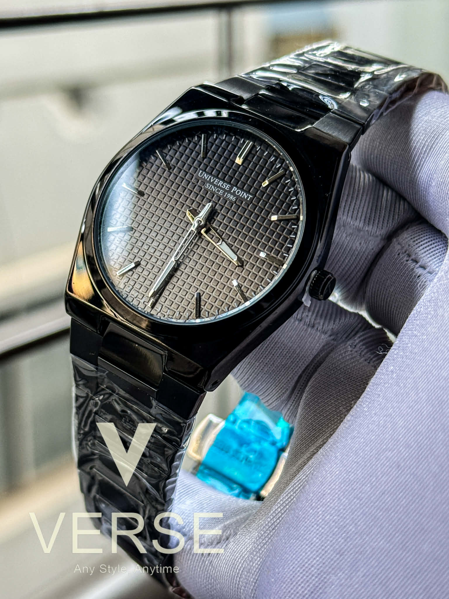 UNIVERSE POINT Slim Black Stainless Steel Watch – Gradient Charcoal Grey Waffle Dial | UP3949 - 23708 - VERSE - 