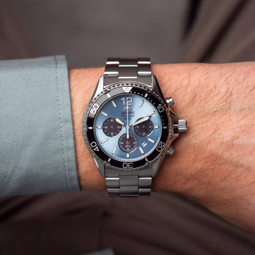 Orient Mako Solar Chronograph Sky Blue Panda Dial Stainless Steel Men's Watch | Orient RA-TX0206L