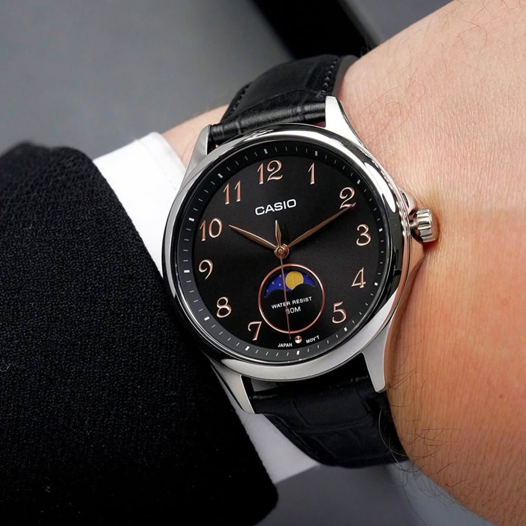 Casio MTP - M110L - 1AV Moon Phase Black Dial Men's Leather Watch | Casio MTP - M110L - 1AV - VERSE - 