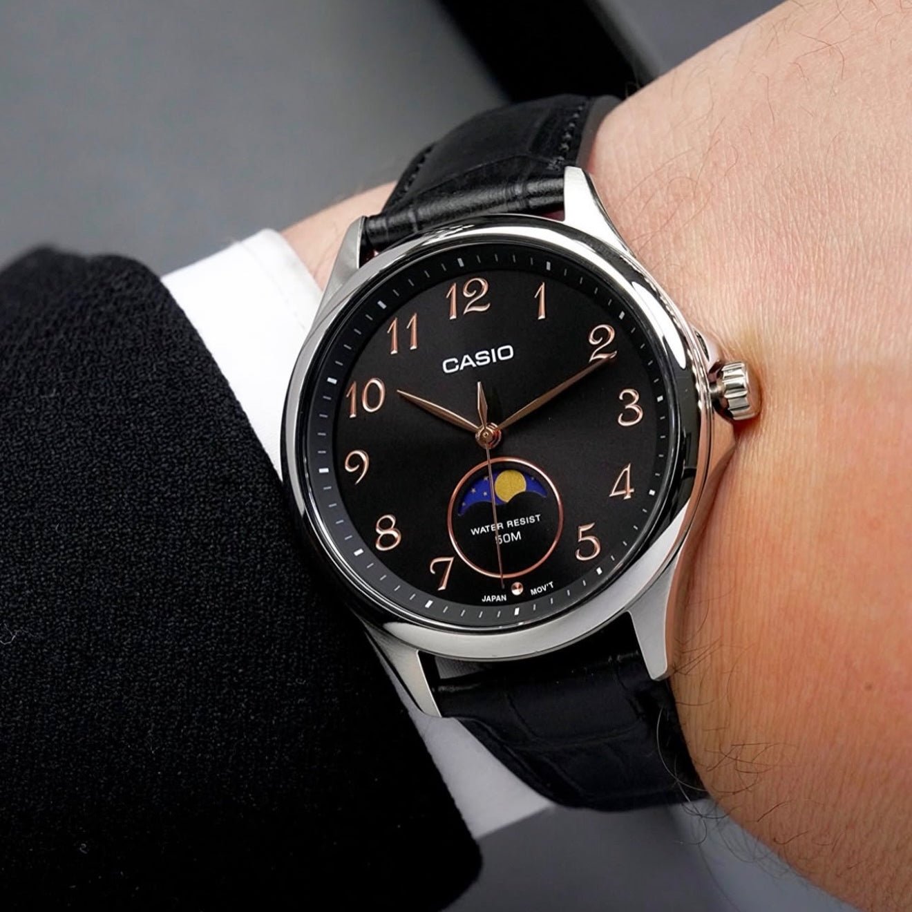 Casio MTP - M110L - 1AV Moon Phase Black Dial Men's Leather Watch | Casio MTP - M110L - 1AV - VERSE - 