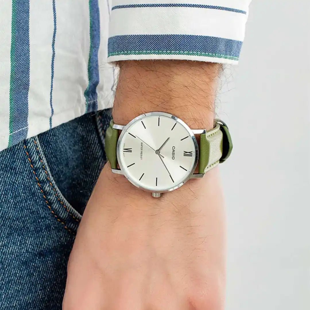 Casio MTP - VT01L - 3BUDF Men’s Silver Dial Green Leather Watch | Casio MTP - VT01L - 3BUDF - VERSE - 