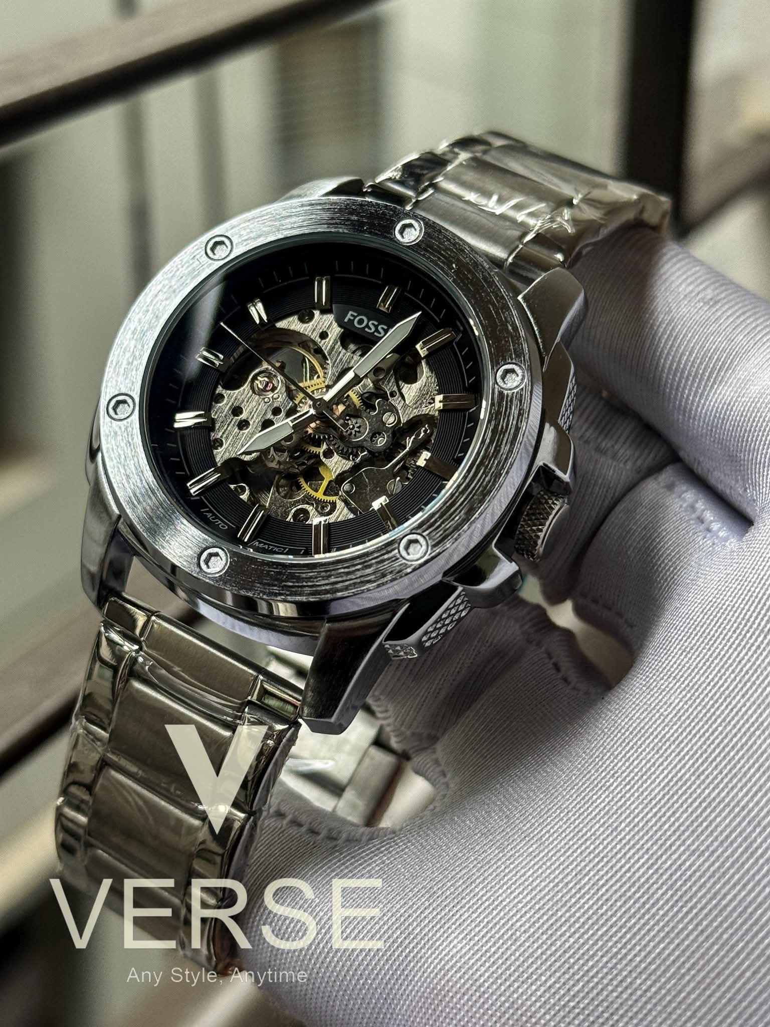 Fossil Automatic Silver Chain Black Dial AA new - VERSE - 