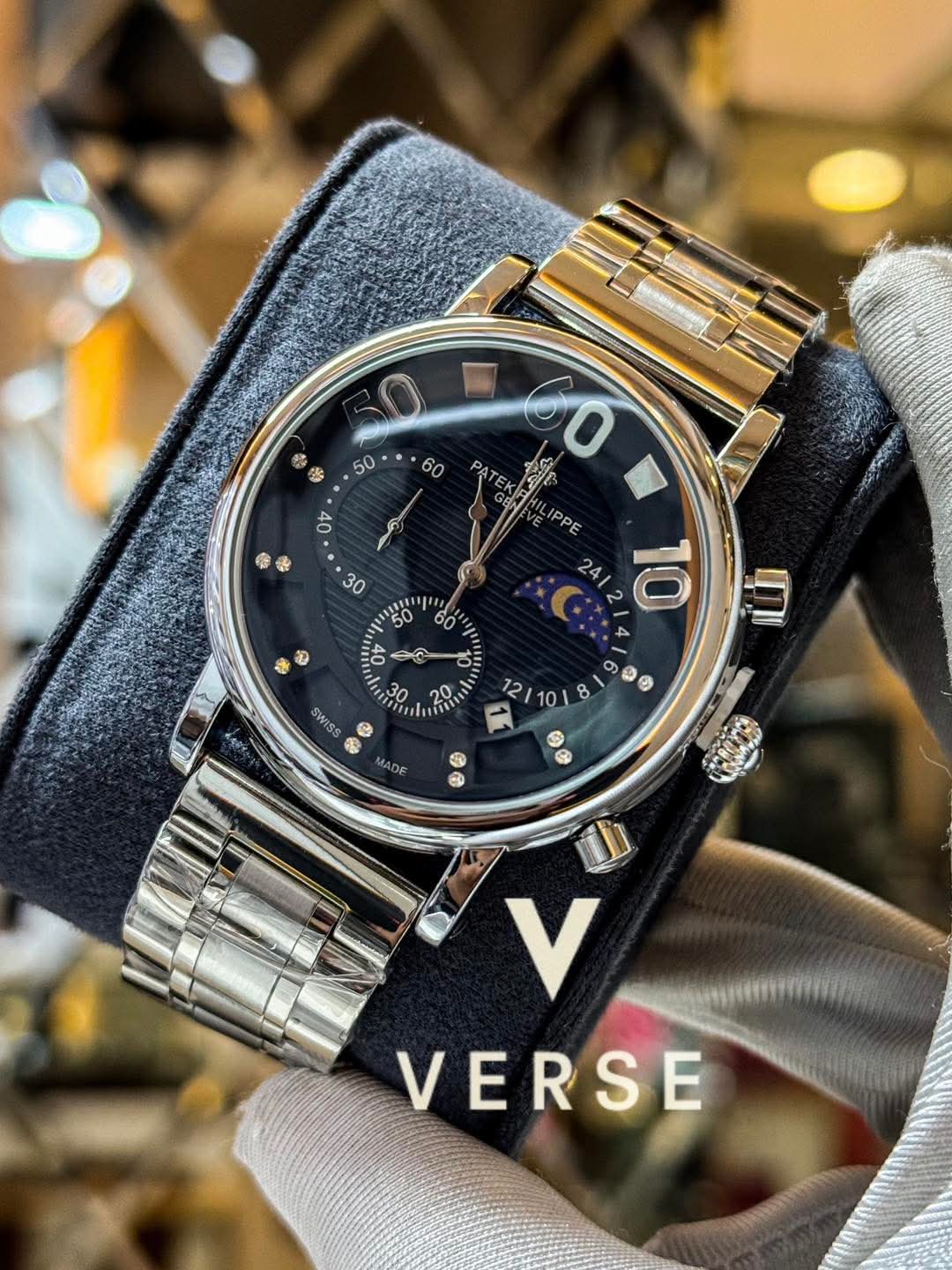 Patek Philippe Black Dial Tri Digits Silver Chain AA - VERSE - 